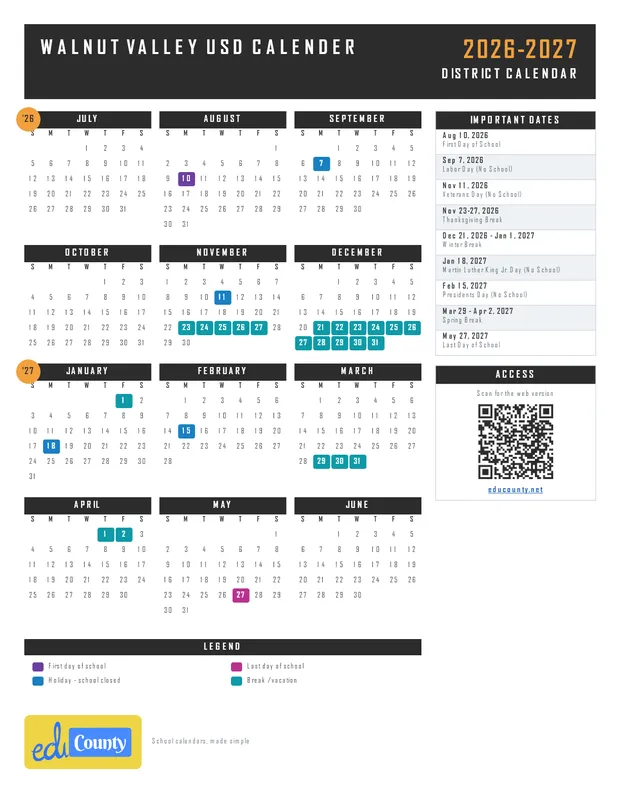 Walnut Valley USD Calender printable 2026-27 calendar