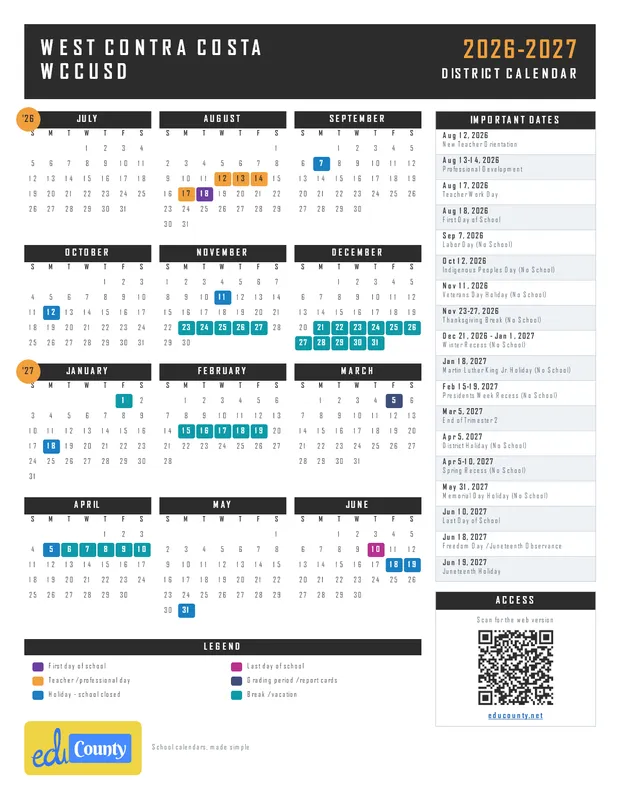West Contra Costa WCCUSD printable 2026-27 calendar