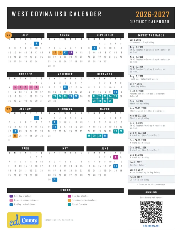 West Covina USD Calender printable 2026-27 calendar