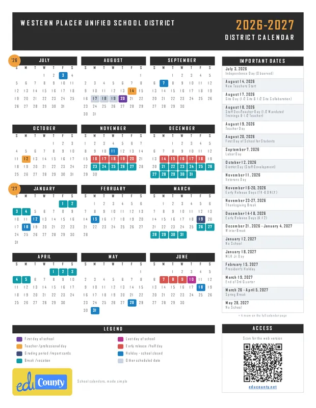 Western Placer Unified School District printable 2026-27 calendar