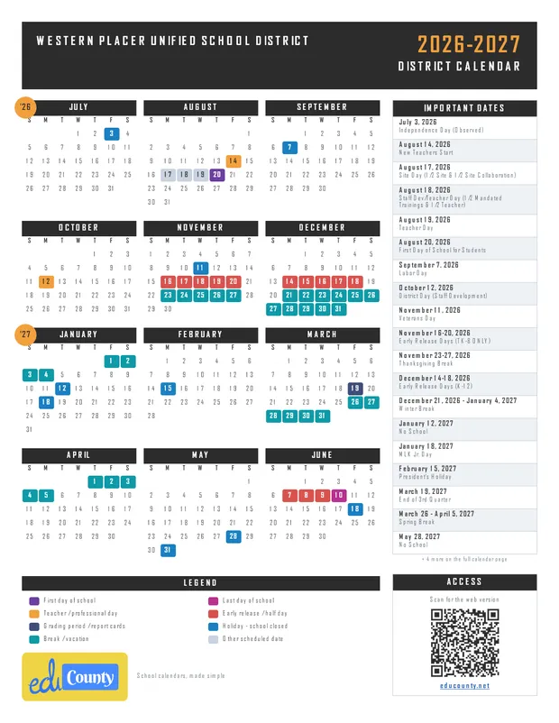 Western Placer Unified School District printable 2026-27 calendar