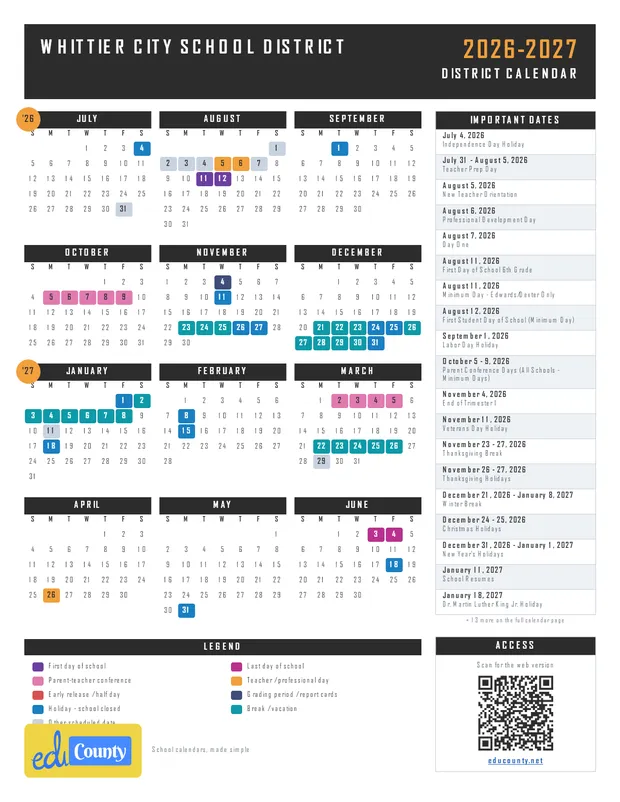 Whittier City School District printable 2026-27 calendar