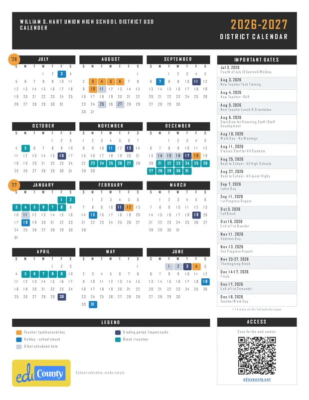 William S. Hart Union High School District USD Calender printable 2026-27 calendar