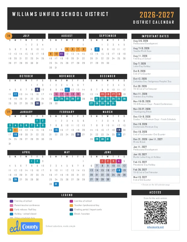 Williams Unified School District printable 2026-27 calendar