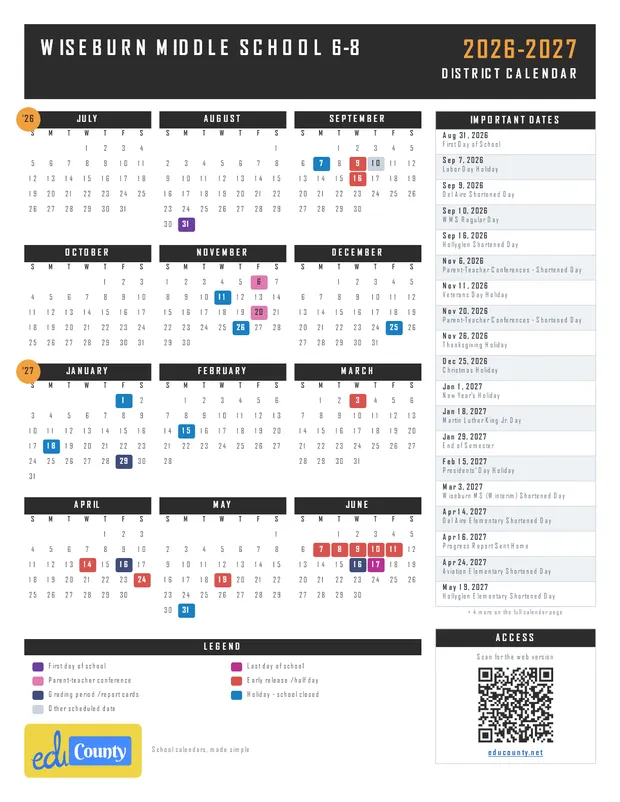 Wiseburn Middle School 6-8 printable 2026-27 calendar