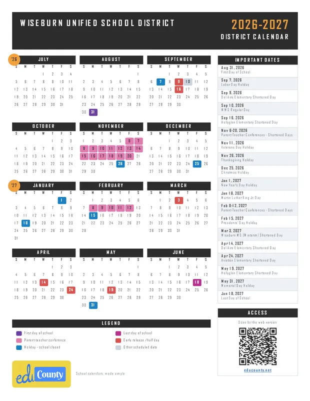 Wiseburn Unified School District printable 2026-27 calendar