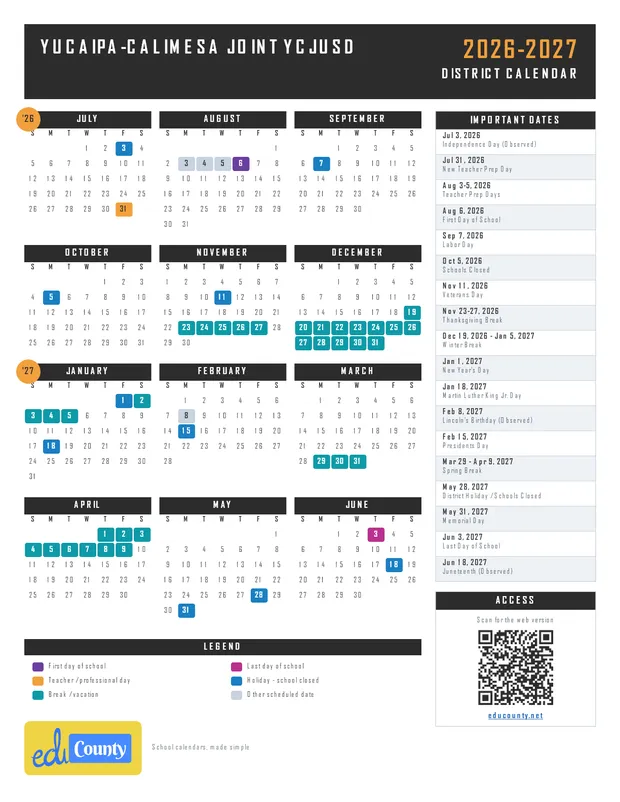 Yucaipa-Calimesa Joint YCJUSD printable 2026-27 calendar