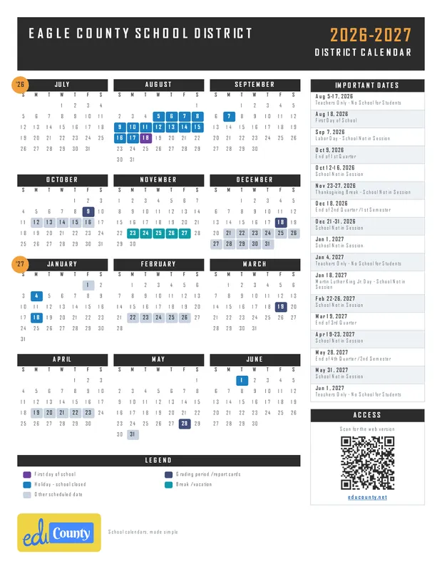 Eagle County School District printable 2026-27 calendar