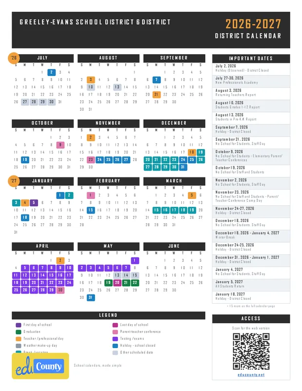 Greeley-Evans School District 6 District printable 2026-27 calendar