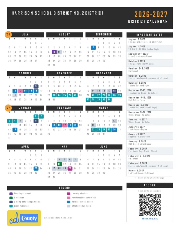 Harrison School District No. 2 District printable 2026-27 calendar