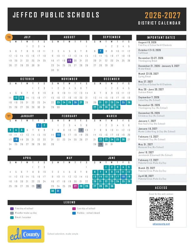 Jeffco Public Schools printable 2026-27 calendar