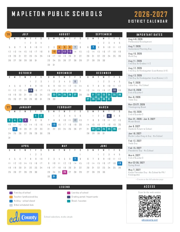 Mapleton Public Schools printable 2026-27 calendar