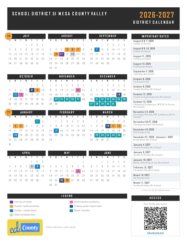 School District 51 Mesa County Valley printable 2026-27 calendar