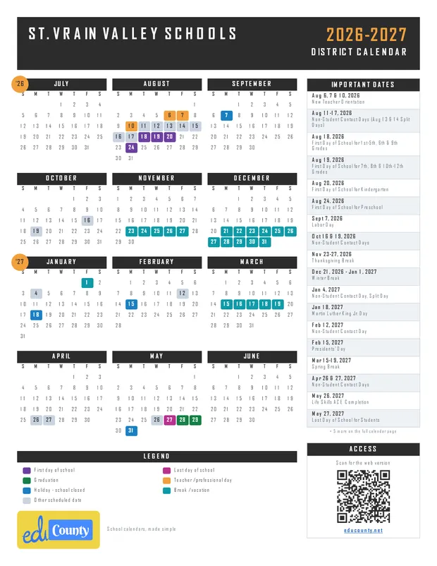 St. Vrain Valley Schools printable 2026-27 calendar