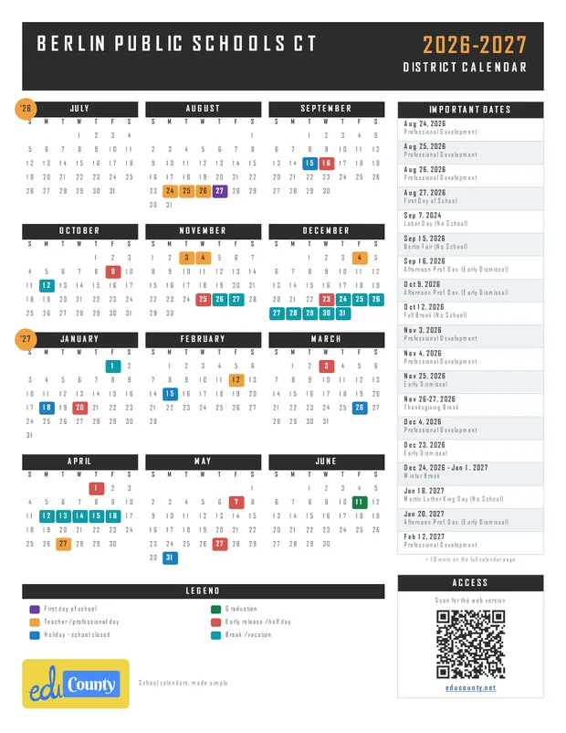 Berlin Public Schools printable 2026-27 calendar