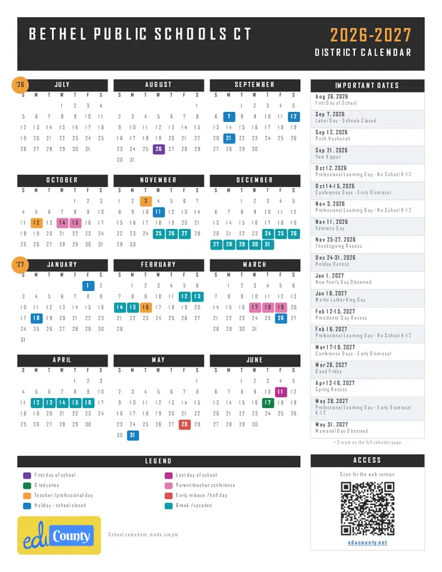 Bethel Public Schools printable 2026-27 calendar