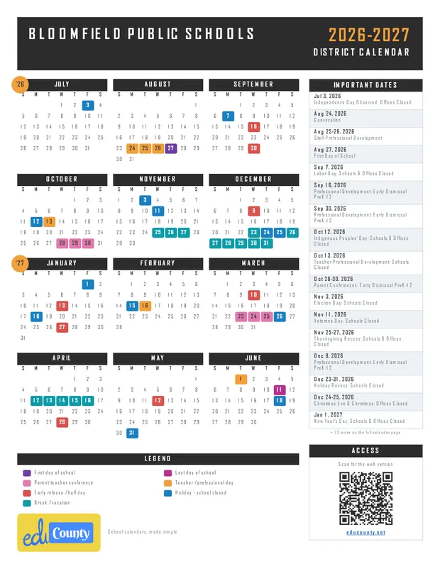 Bloomfield Public Schools printable 2026-27 calendar