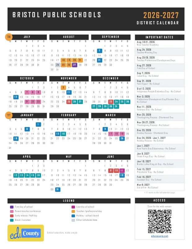 Bristol Public Schools printable 2026-27 calendar