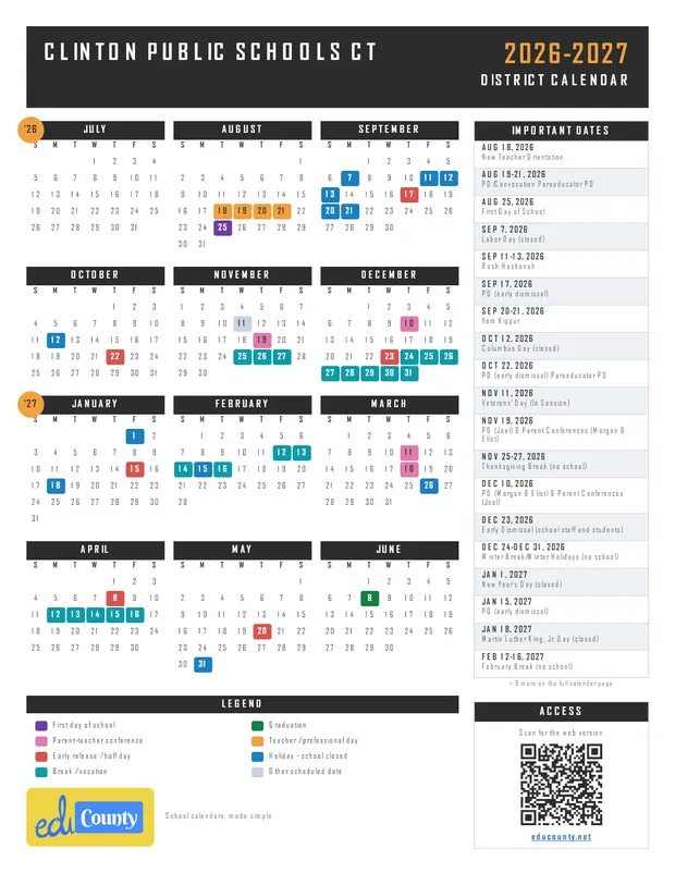 Clinton Public Schools printable 2026-27 calendar