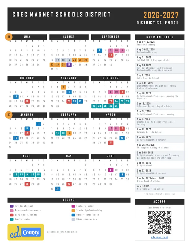 CREC Magnet Schools District printable 2026-27 calendar