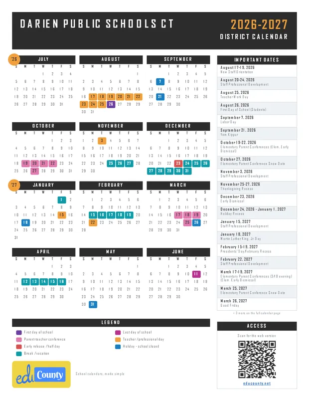 Darien Public Schools printable 2026-27 calendar