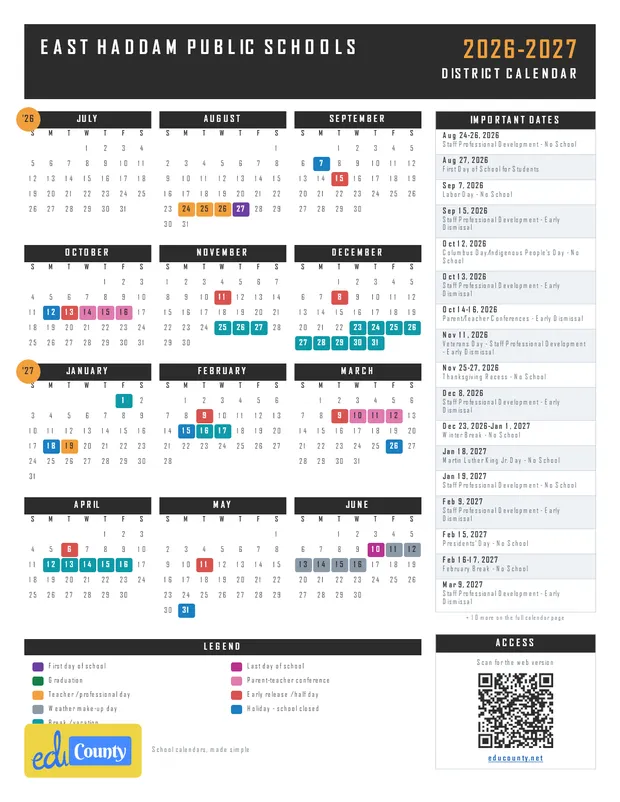East Haddam Public Schools printable 2026-27 calendar