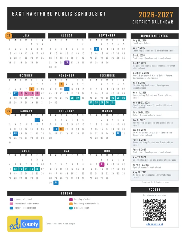 East Hartford Public Schools printable 2026-27 calendar