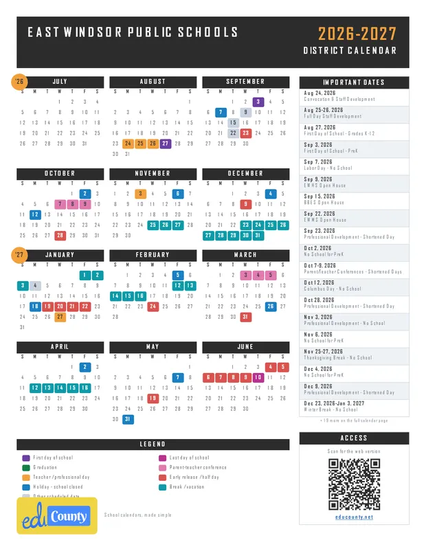 East Windsor Public Schools printable 2026-27 calendar