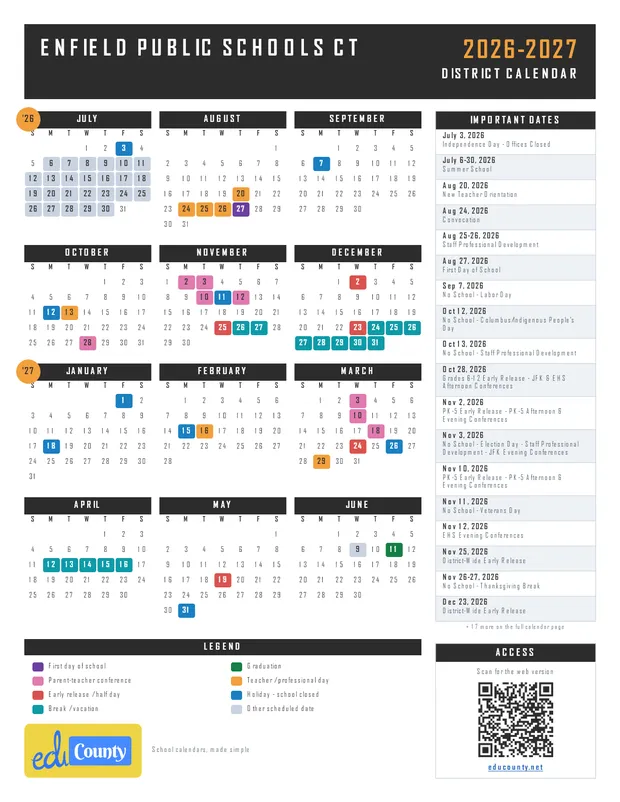 Enfield Public Schools printable 2026-27 calendar