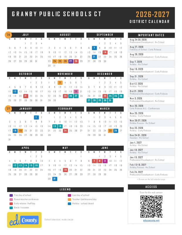Granby Public Schools printable 2026-27 calendar