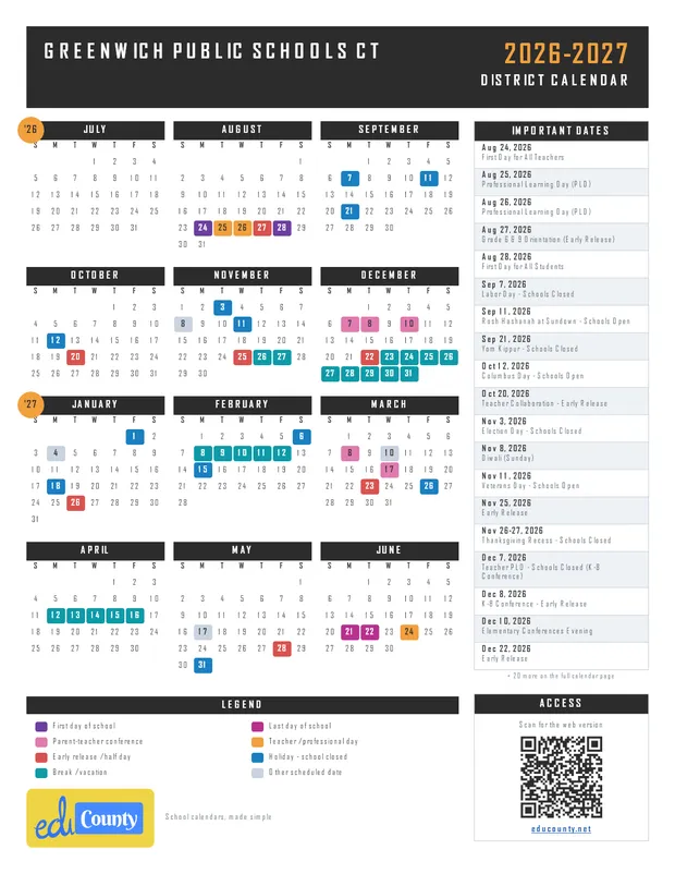 Greenwich Public Schools printable 2026-27 calendar