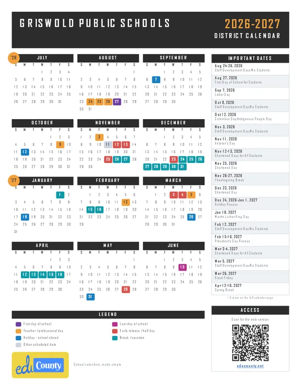 Griswold Public Schools printable 2026-27 calendar