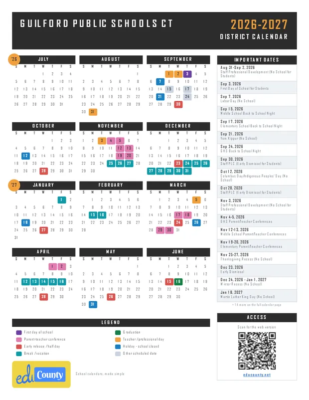 Guilford Public Schools printable 2026-27 calendar