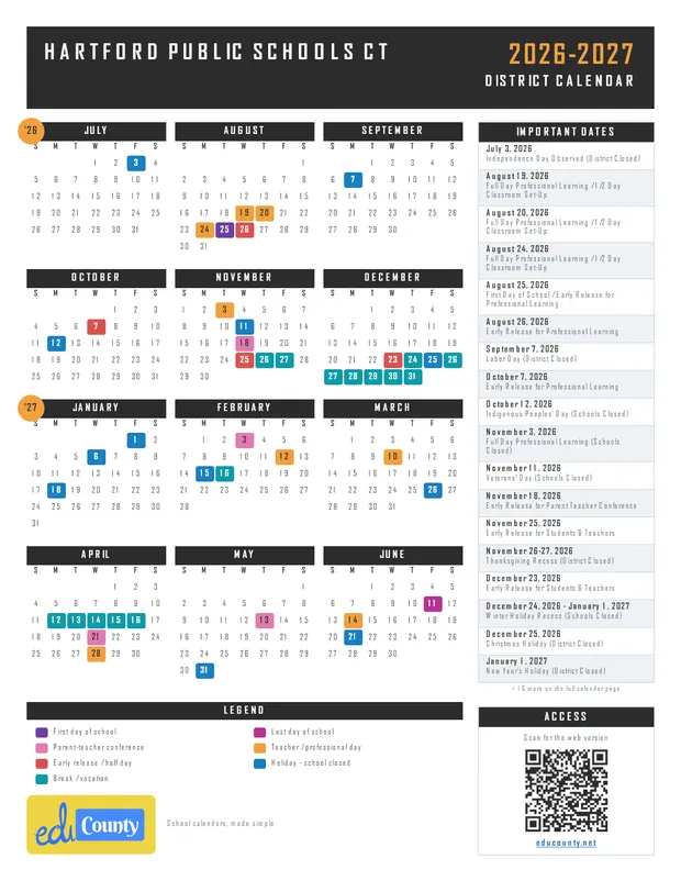 Hartford Public Schools printable 2026-27 calendar