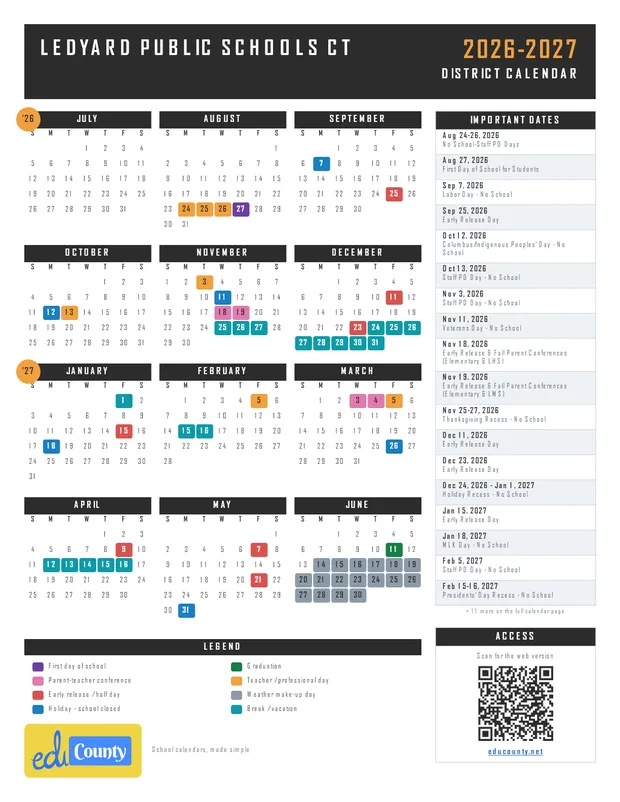 Ledyard Public Schools printable 2026-27 calendar