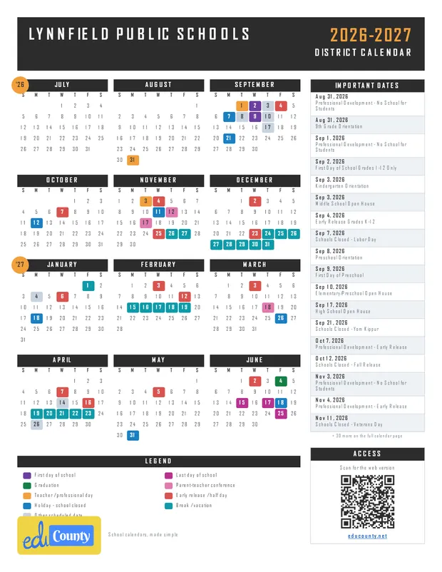 Lynnfield Public Schools printable 2026-27 calendar
