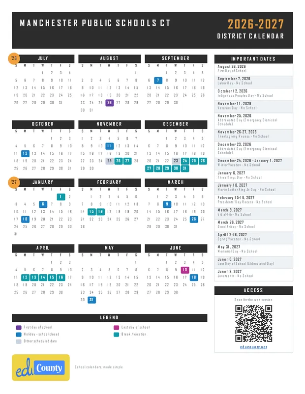 Manchester Public Schools printable 2026-27 calendar