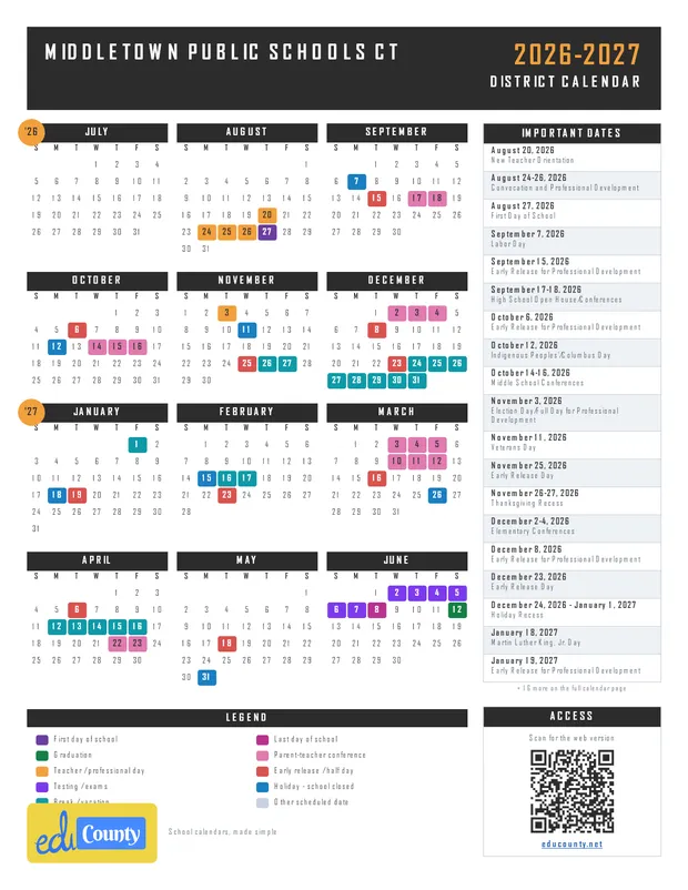 Middletown Public Schools printable 2026-27 calendar