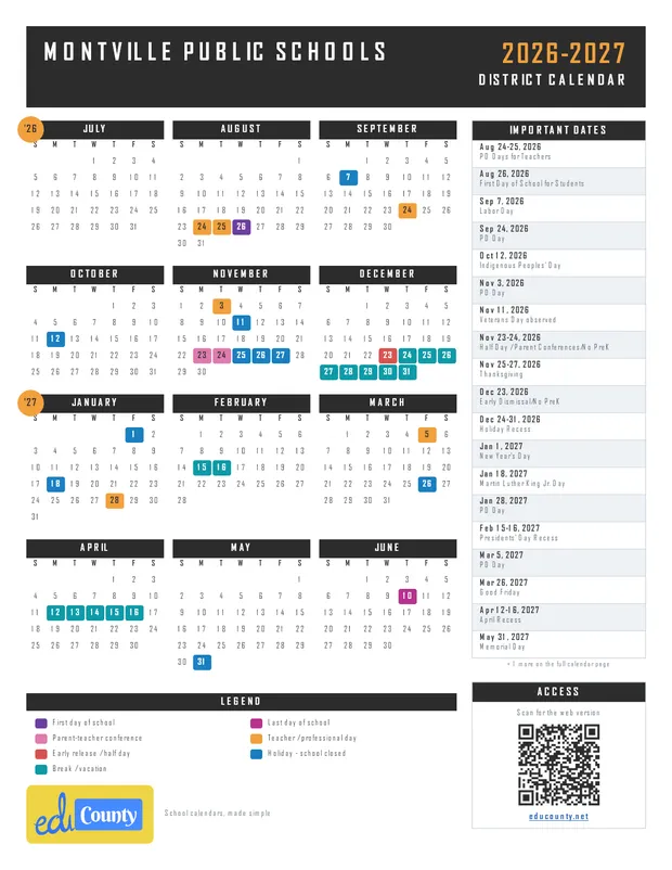 MONTVILLE PUBLIC SCHOOLS printable 2026-27 calendar