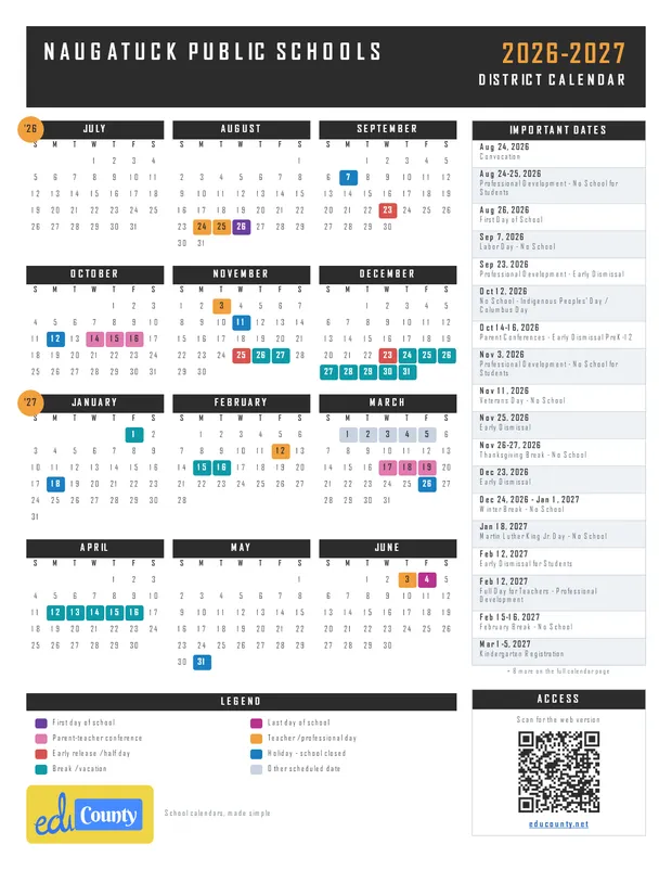 Naugatuck Public Schools printable 2026-27 calendar
