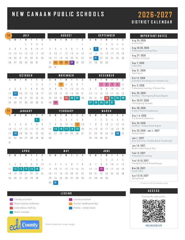 New Canaan Public Schools printable 2026-27 calendar