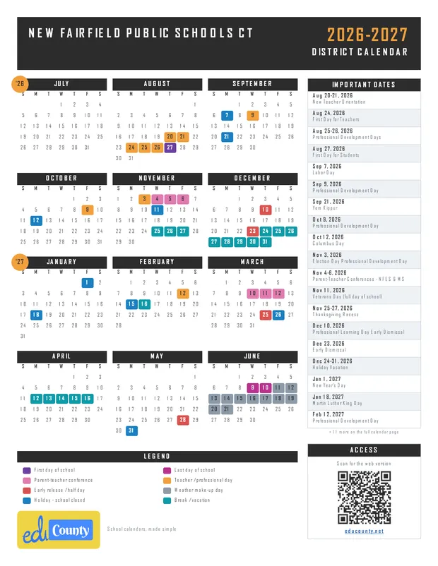 NEW FAIRFIELD PUBLIC SCHOOLS printable 2026-27 calendar