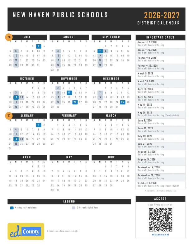 New Haven Public Schools printable 2026-27 calendar