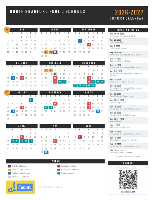 NORTH BRANFORD PUBLIC SCHOOLS printable 2026-27 calendar