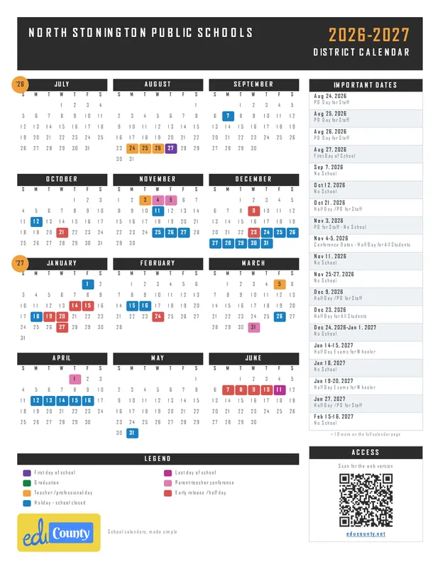 North Stonington Public Schools printable 2026-27 calendar