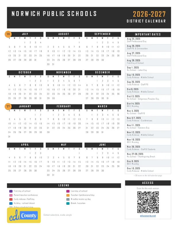 Norwich Public Schools 25-26 printable 2026-27 calendar