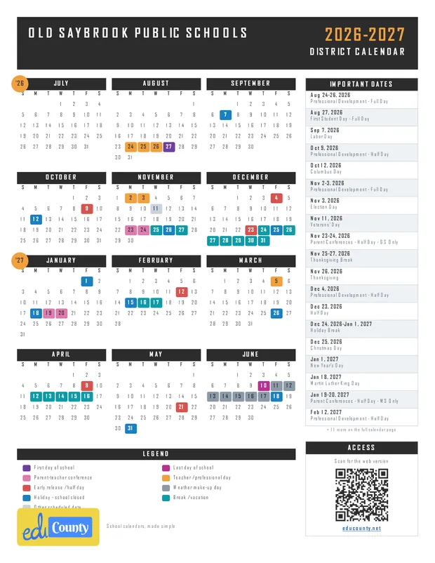 Old Saybrook Public Schools printable 2026-27 calendar