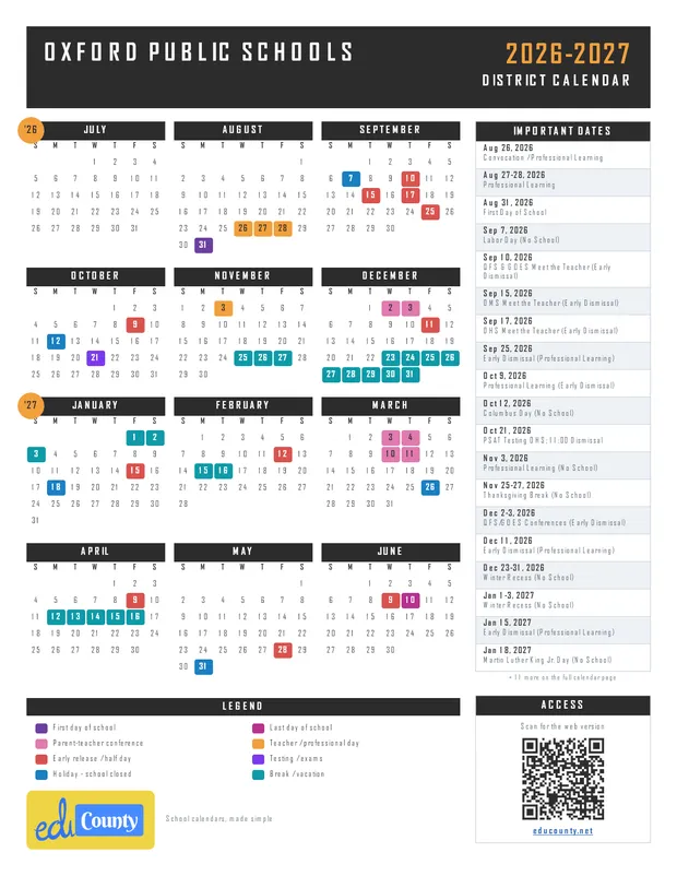 Oxford Public Schools printable 2026-27 calendar