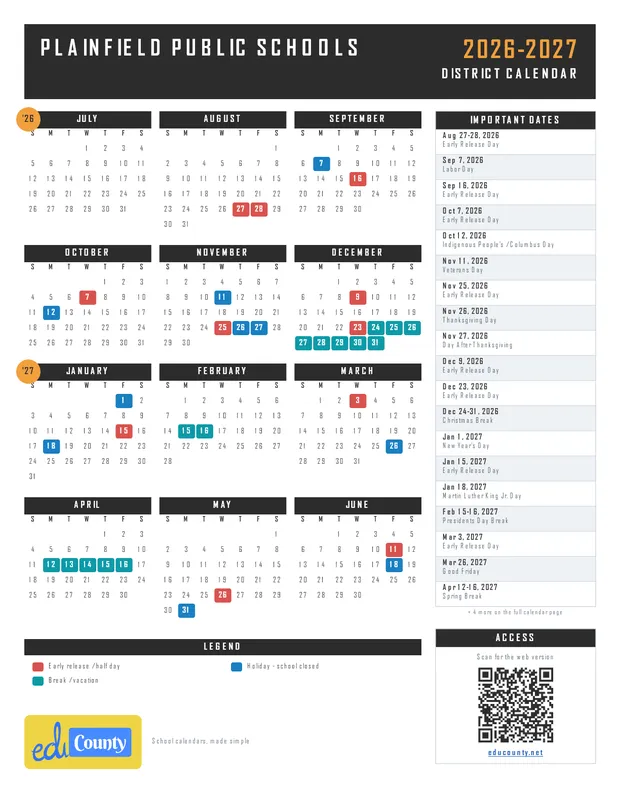 PLAINFIELD PUBLIC SCHOOLS printable 2026-27 calendar