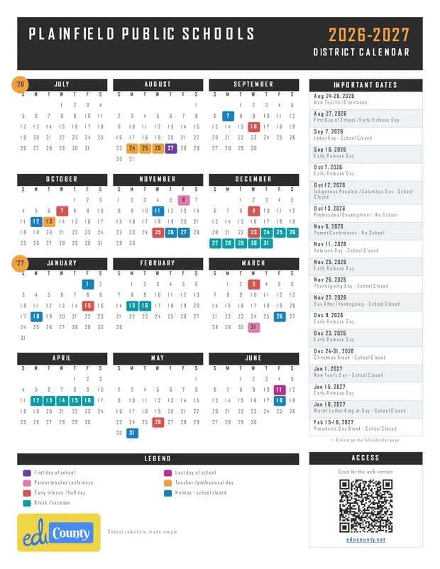 PLAINFIELD PUBLIC SCHOOLS printable 2026-27 calendar
